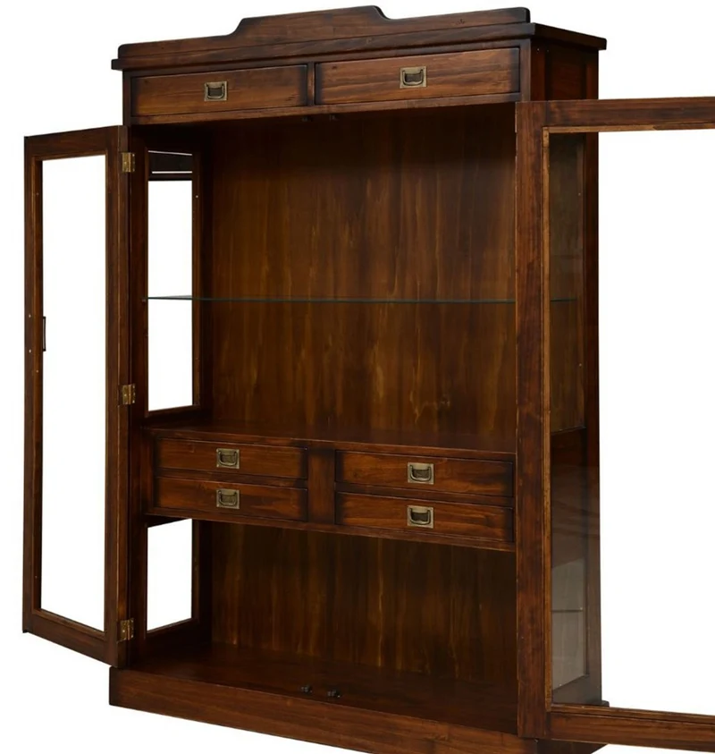 Casa Padrino Luxus Vintage Stil Vitrine Braun / Messing 120 x 37 x H. 171,5 cm - Massivholz Vitrinenschrank mit 2 Glastüren und 6 Schubladen - Massivholz Möbel - Vintage Stil Möbel - Luxus Möbel
