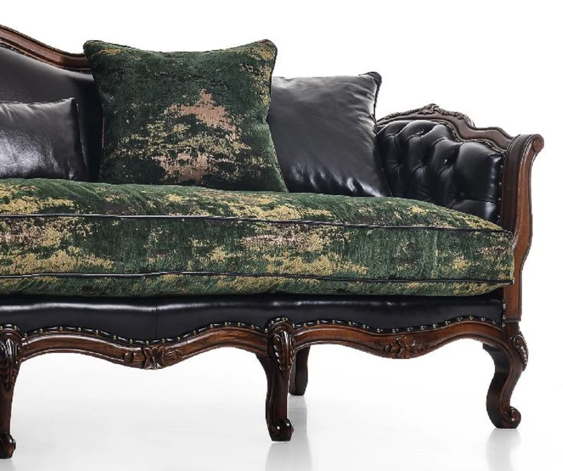 Casa Padrino Luxus Barock Leder Sofa Schwarz / Grün / Braun - Prunkvolles Wohnzimmer Sofa mit hochwertigem Echtleder - Luxus Wohnzimmer Möbel im Barockstil - Barock Möbel - Edel & Prunkvoll