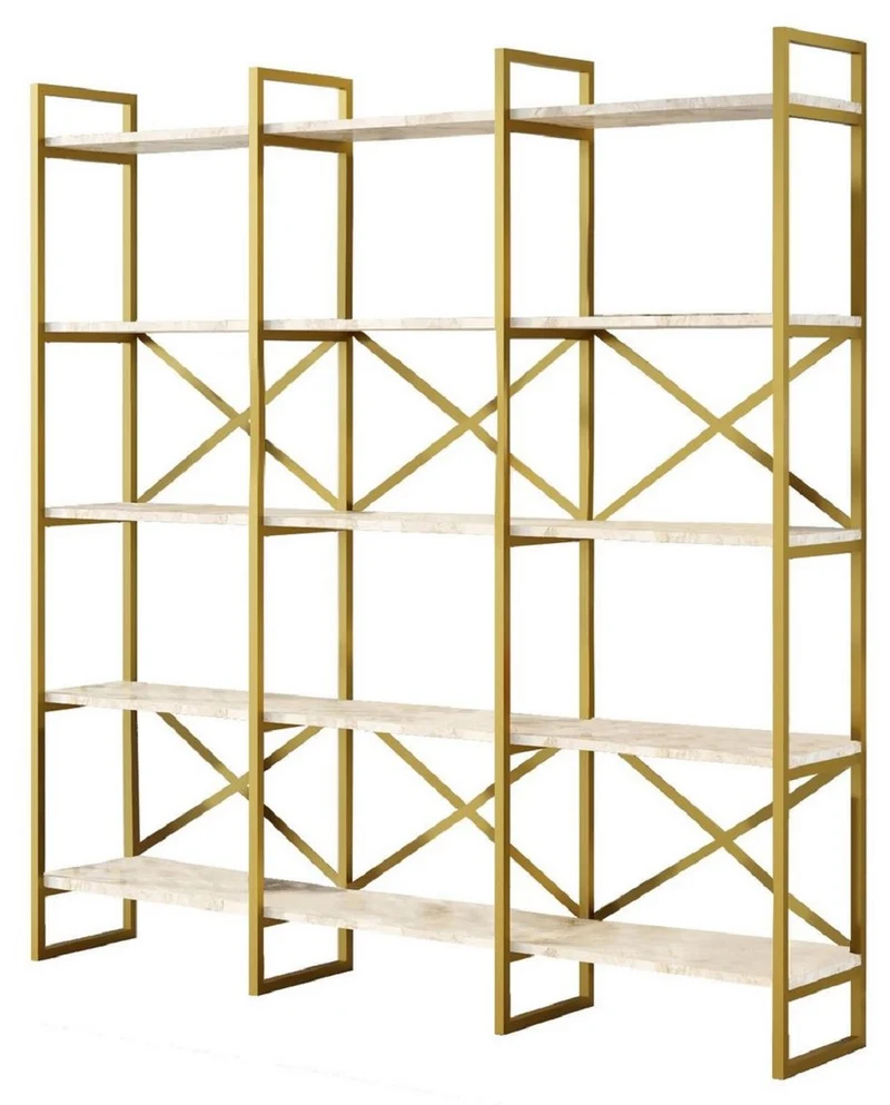 Casa Padrino Luxus Regalschrank mit Marmor Regalen Gold / Weiß 170 x 30 x H. 175 cm - Bücherschrank - Wohnzimmer Schrank - Büro Schrank - Wohnzimmer Möbel - Büro Möbel - Luxus Möbel