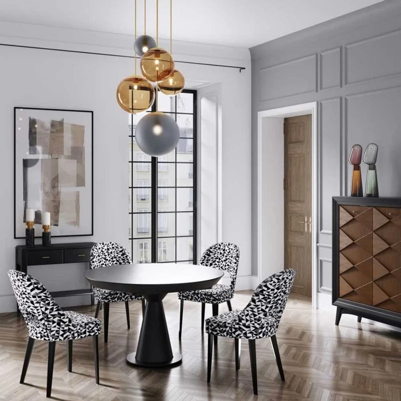 Casa Padrino Luxus Art Deco Esszimmer Stuhl Weiß / Grau / Schwarz 49 x 61 x H. 89 cm - Art Deco Küchenstuhl mit Muster - Esszimmer Möbel - Luxus Möbel - Art Deco Möbel - Luxus Einrichtung