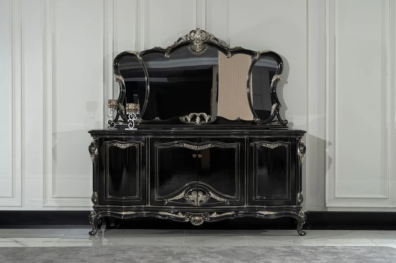 Casa Padrino Luxus Barock Sideboard mit Spiegel Schwarz / Silber - Luxus Möbel Möbel im Barockstil - Barock Möbel - Barock Einrichtung - Edel & Prunkvoll