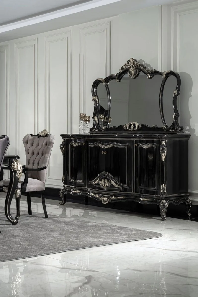Casa Padrino Luxus Barock Sideboard mit Spiegel Schwarz / Silber - Luxus Möbel Möbel im Barockstil - Barock Möbel - Barock Einrichtung - Edel & Prunkvoll