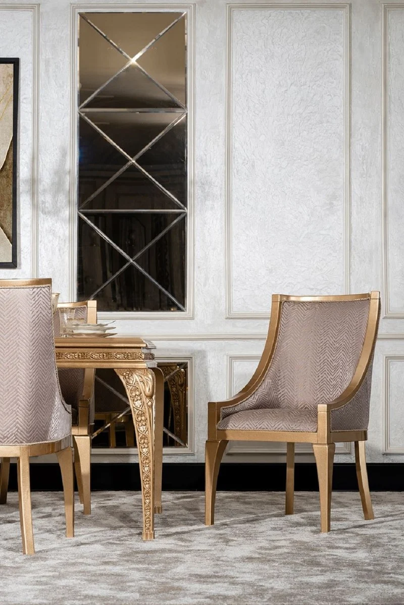 Casa Padrino Luxus Barock Esszimmer Set Grau / Gold - 1 Barock Esstisch & 6 Barock Esszimmerstühle - Luxus Esszimmer Möbel im Barockstil - Prunkvolle Barock Esszimmer Möbel