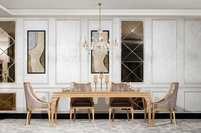 Casa Padrino Luxus Barock Esszimmer Set Grau / Gold - 1 Barock Esstisch & 6 Barock Esszimmerstühle - Luxus Esszimmer Möbel im Barockstil - Prunkvolle Barock Esszimmer Möbel