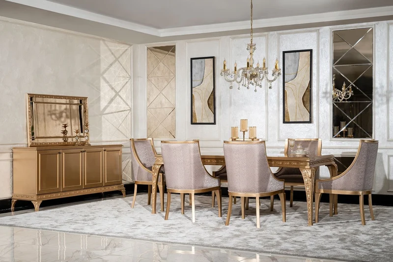 Casa Padrino Luxus Barock Esszimmer Set Grau / Gold - 1 Barock Esstisch & 6 Barock Esszimmerstühle - Luxus Esszimmer Möbel im Barockstil - Prunkvolle Barock Esszimmer Möbel