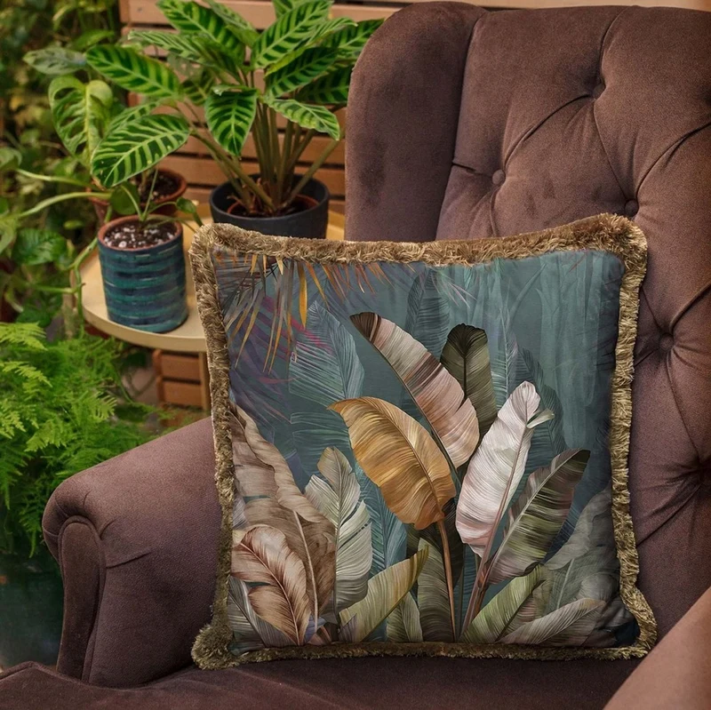 Casa Padrino Luxus Deko Kissen Sträucher Mehrfarbig / Braun 45 x 45 cm - Bedrucktes Samt Kissen mit Fransen - Luxus Deko Accessoires