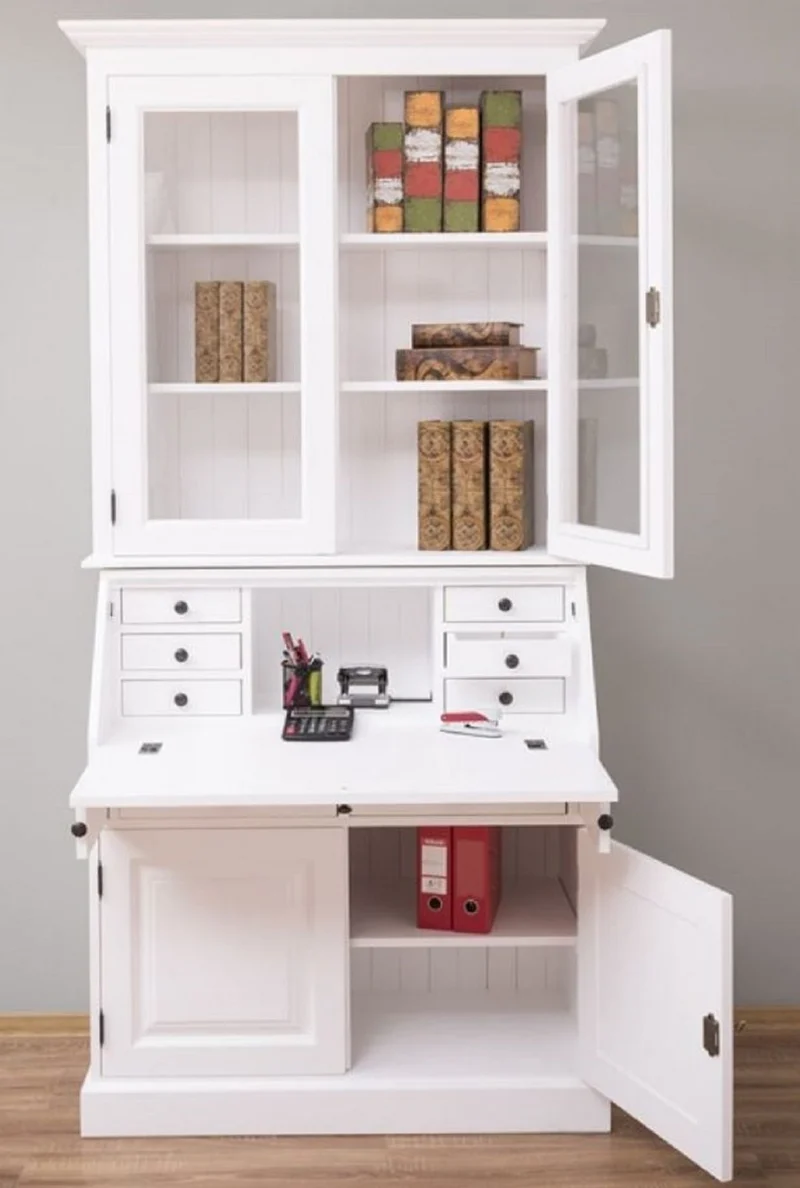 Casa Padrino Landhausstil Büroschrank Weiß 110 x 49 x H. 219 cm - Massivholz Schrank - Bücherschrank - Regalschrank - Wohnzimmerschrank - Landhausstil Möbel