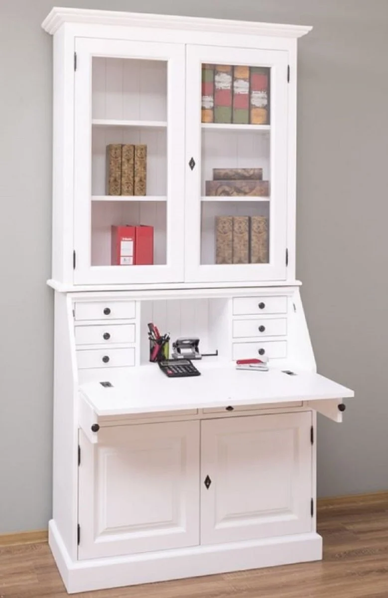 Casa Padrino Landhausstil Büroschrank Weiß 110 x 49 x H. 219 cm - Massivholz Schrank - Bücherschrank - Regalschrank - Wohnzimmerschrank - Landhausstil Möbel