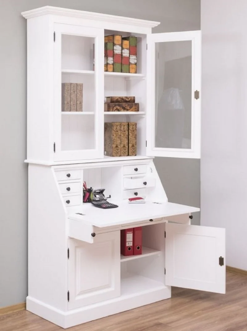 Casa Padrino Landhausstil Büroschrank Weiß 110 x 49 x H. 219 cm - Massivholz Schrank - Bücherschrank - Regalschrank - Wohnzimmerschrank - Landhausstil Möbel