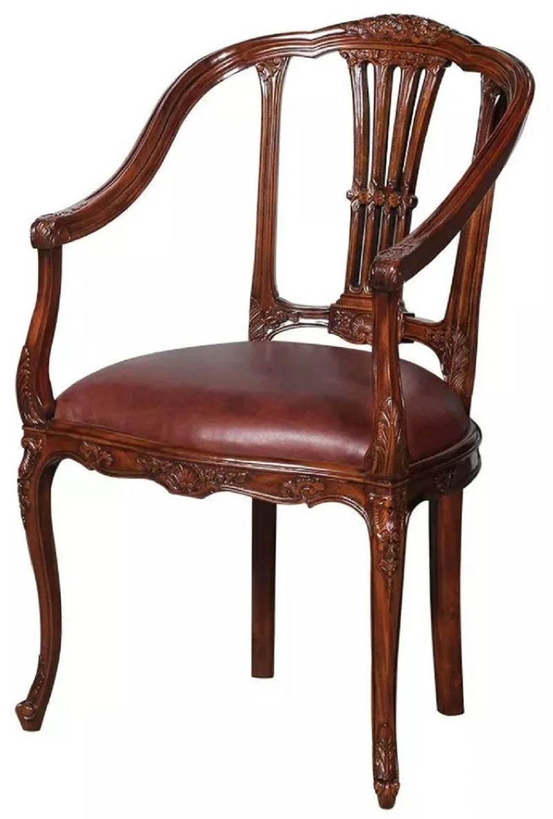 Casa Padrino Luxus Barock Leder Esszimmer Stuhl mit Armlehnen Braun - Prunkvoller Massivholz Küchenstuhl mit edlem Echtleder - Esszimmer Möbel - Leder Möbel - Barock Möbel - Barock Interior