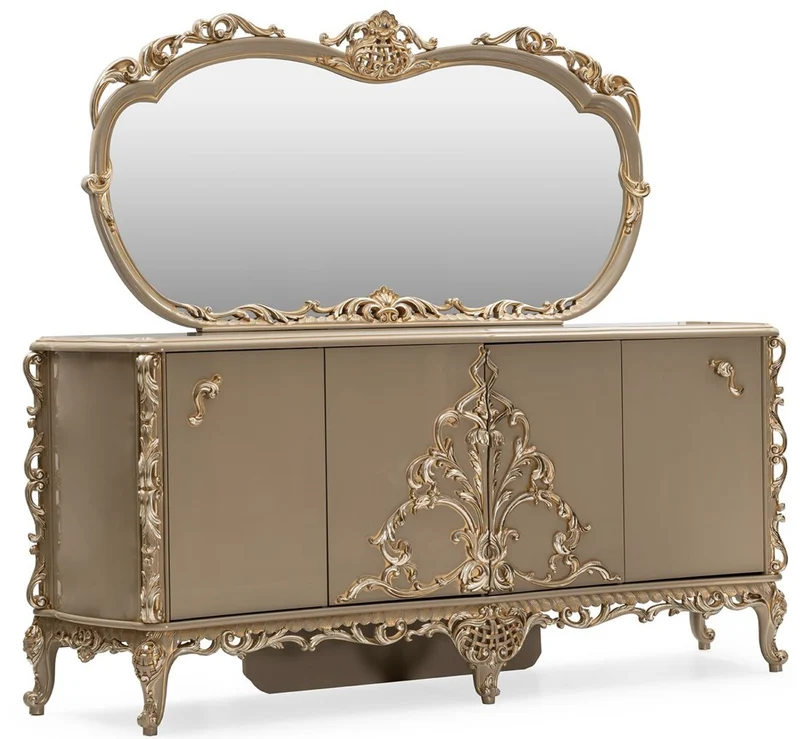 Casa Padrino Luxus Barock Sideboard mit Spiegel Grau / Gold - Luxus Möbel Möbel im Barockstil - Barock Möbel - Barock Einrichtung - Edel & Prunkvoll