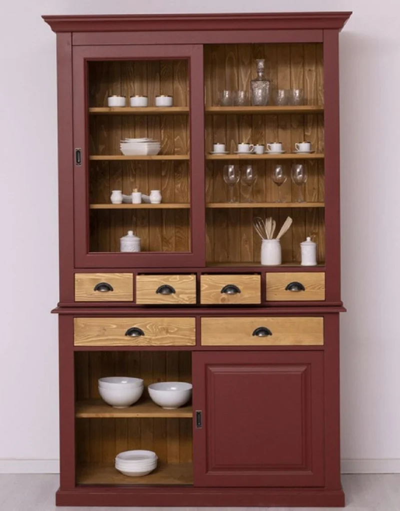 Casa Padrino Landhausstil Esszimmerschrank Bordeauxrot / Naturfarben 142 x 48 x H. 225 cm - Massivholz Küchenschrank - Landhausstil Esszimmer Möbel