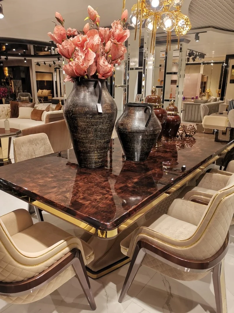 Casa Padrino Luxus Art Deco Esstisch Braun / Beige / Gold 226 x 112 x H. 70 cm - Massivholz Küchentisch mit Tischplatte in Marmoroptik - Esszimmer Möbel - Art Deco Möbel - Luxus Möbel