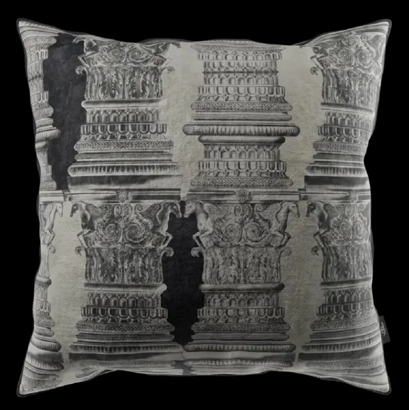 Casa Padrino Luxus Barock Deko Kissen Säulen Grau / Schwarz 43 x 43 cm - Bedrucktes Samt Kissen - Barock Deko Accessoires