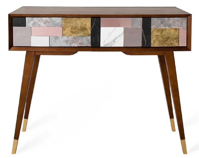 Casa Padrino Luxus Konsole Matt Cognac / Mehrfarbig / Gold 100 x 35 x H. 80 cm - Verspiegelter Massivholz Konsolentisch mit 2 Schubladen - Luxus Möbel - Luxus Einrichtung