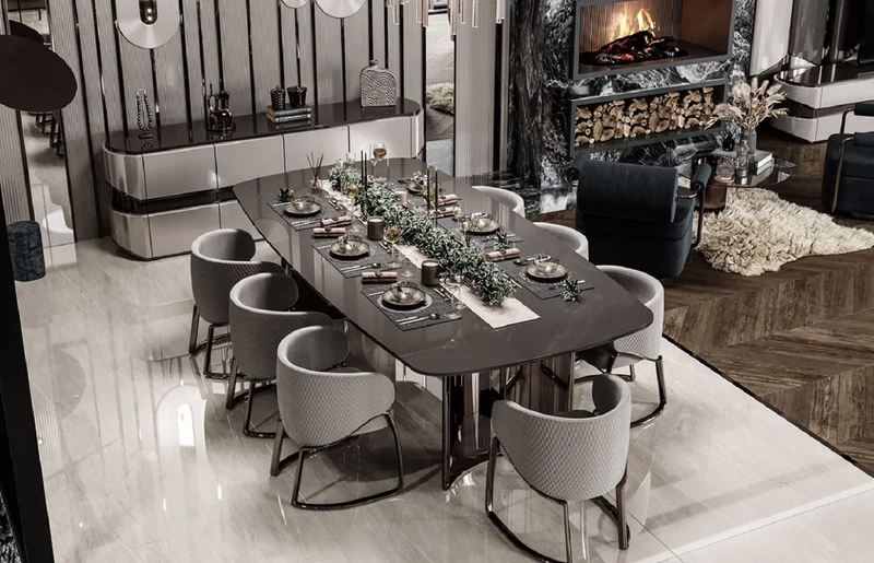 Casa Padrino Luxus Esszimmer Set Grau / Bronze - 1 Luxus Esstisch & 8 Luxus Esszimmer Stühle mit Armlehnen - Esszimmer Möbel - Luxus Möbel - Luxus Einrichtung