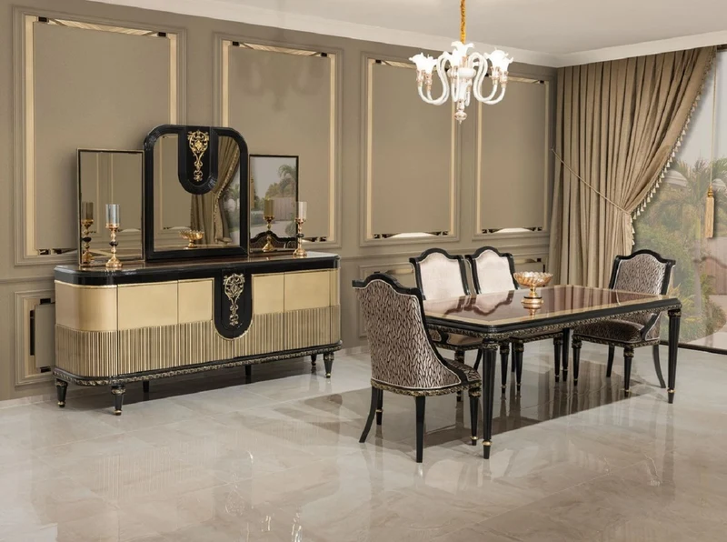 Casa Padrino Luxus Barock Esszimmer Set Silber / Braun / Schwarz / Gold - 1 Barock Esstisch & 6 Barock Esszimmerstühle - Luxus Esszimmer Möbel im Barockstil - Prunkvolle Barock Esszimmer Möbel