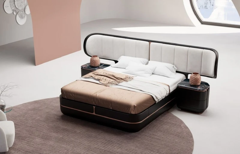 Casa Padrino Luxus Schlafzimmer Set Grau / Schwarz / Kupfer - 1 Doppelbett mit Kopfteil & 2 Nachtkommoden - Luxus Schlafzimmer Möbel - Luxus Schlafzimmer Einrichtung