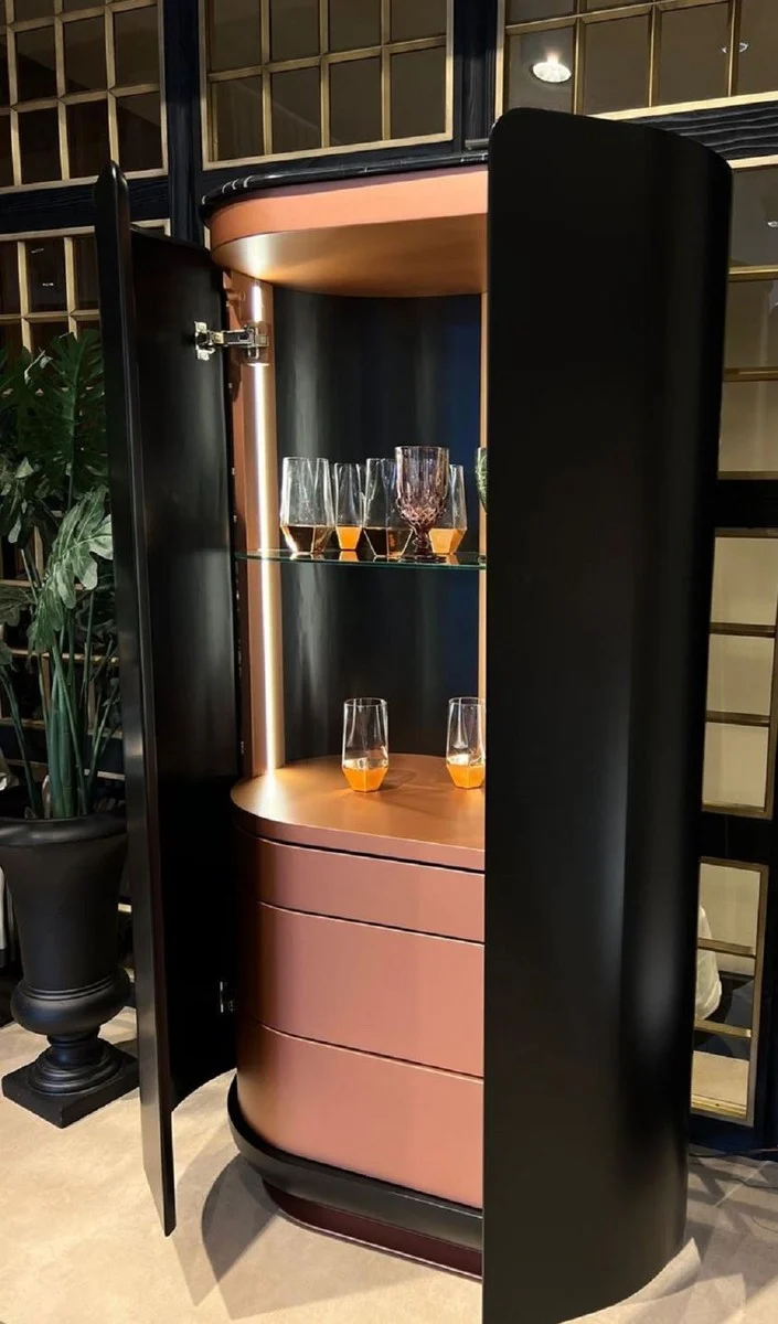 Casa Padrino Luxus Barschrank Schwarz / Kupfer 80 x 50 x H. 165 cm - Beleuchteter Massivholz Weinschrank mit 2 Türen - Wohnzimmer Möbel - Bar Möbel - Hotel Möbel - Luxus Kollektion