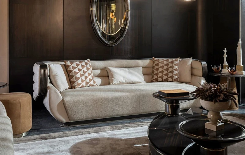 Casa Padrino Luxus Sofa Creme / Grau / Schwarz / Gold 275 x 95 x H. 80 cm - Wohnzimmer Sofa - Hotel Sofa - Wohnzimmer Möbel - Wohnzimmer Einrichtung - Hotel Möbel - Luxus Möbel - Luxus Einrichtung