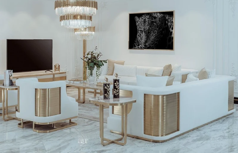 Casa Padrino Luxus Sofa Weiß / Gold 290 x 98 x H. 72 cm - Wohnzimmer Sofa - Hotel Sofa - Wohnzimmer Möbel - Wohnzimmer Einrichtung - Hotel Möbel - Luxus Möbel - Luxus Einrichtung