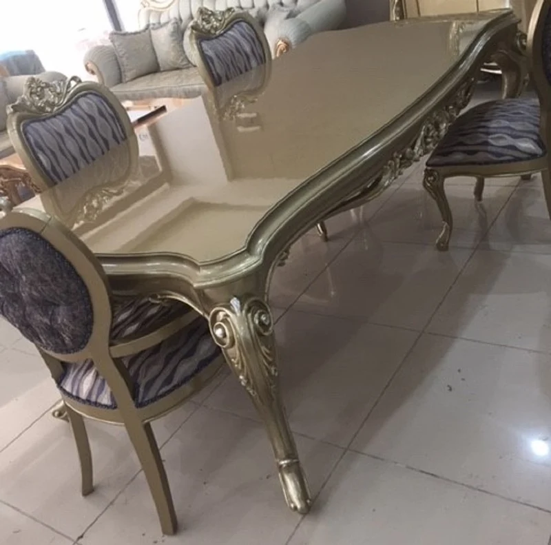 Casa Padrino Luxus Barock Esszimmer Set Blau / Gold / Silber - 1 Barock Esstisch & 6 Barock Esszimmerstühle - Luxus Esszimmer Möbel im Barockstil - Prunkvolle Barock Esszimmer Möbel