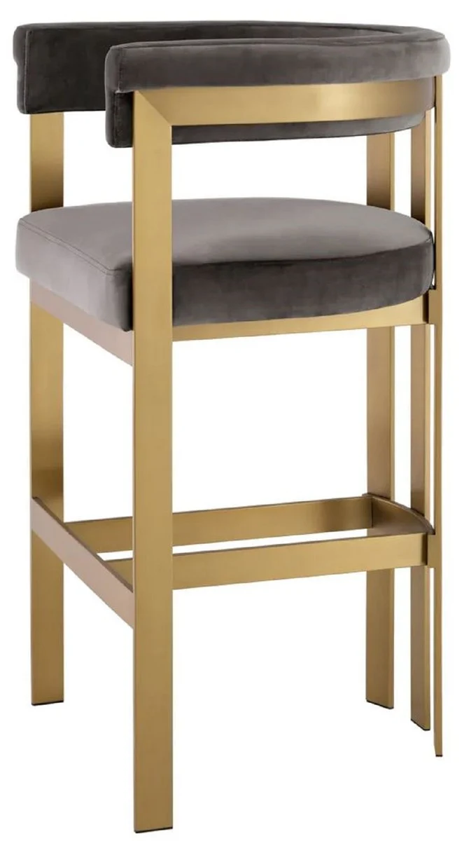 Casa Padrino Luxus Samt Barstuhl mit Armlehnen Grau / Messing 56 x 56 x H. 104 cm - Gepolsterter Barhocker - Bar Möbel - Luxus Möbel - Luxus Qualität