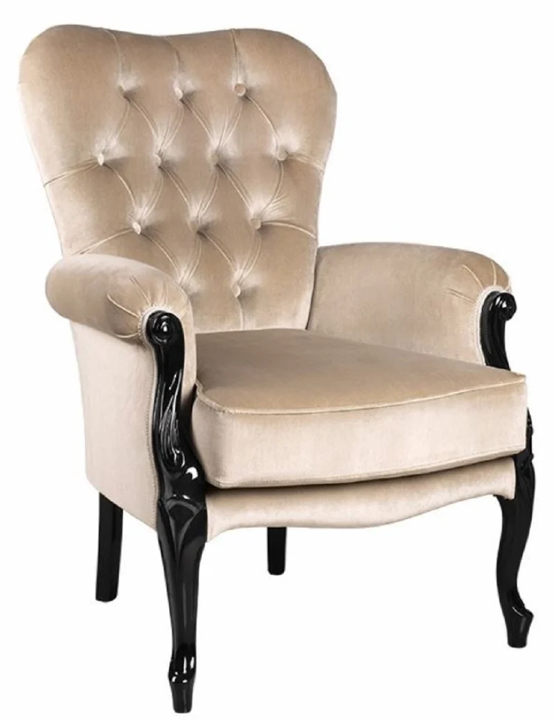 Casa Padrino Luxus Barock Wohnzimmer Sessel Beige / Schwarz - Handgefertigter Barockstil Sessel - Luxus Wohnzimmer Möbel im Barockstil - Barock Möbel