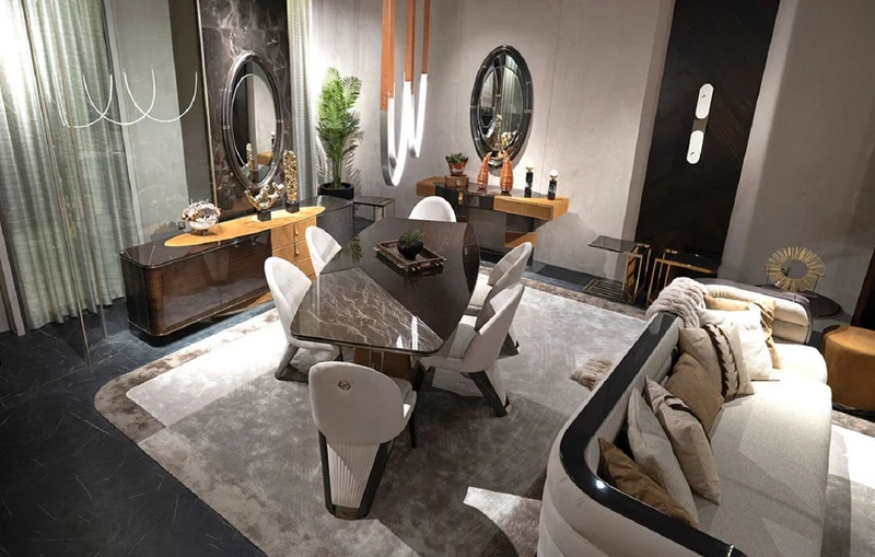 Casa Padrino Luxus Esstisch Dunkelbraun / Grau / Hellbraun / Gold 240 x 113 x H. 79,5 cm - Massivholz Esszimmertisch mit Tischplatte in Marmoroptik - Esszimmer Möbel - Luxus Möbel
