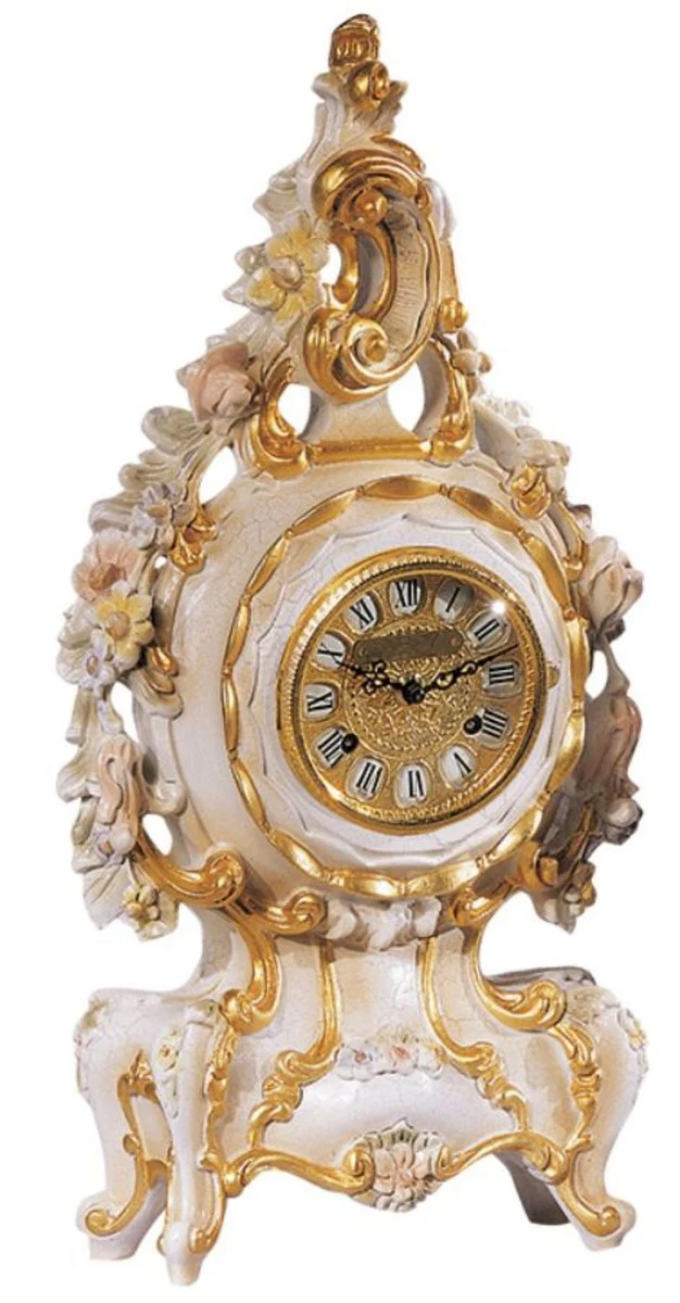 Casa Padrino Luxus Barock Tischuhr Weiß / Creme / Mehrfarbig / Gold - Prunkvolle Barockstil Uhr - Handgeschnitzte Barock Schreibtischuhr - Luxus Qualität - Made in Italy