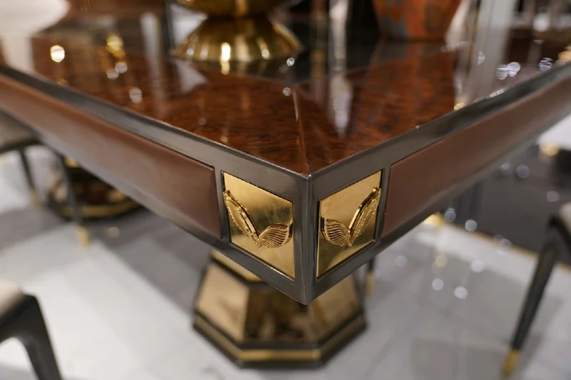 Casa Padrino Luxus Esstisch Braun / Grau / Gold 226 x 112 x H. 70 cm - Rechteckiger Küchentisch mit Spiegelglas und edlem Kunstleder - Esszimmer Möbel - Luxus Möbel