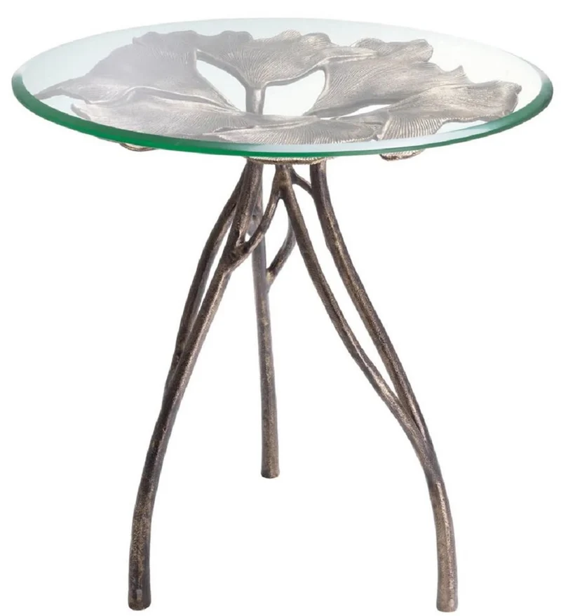 Casa Padrino Luxus Beistelltisch Vintage Messing Ø 58 x H. 56,5 cm - Runder Aluminium Tisch mit Glasplatte - Luxus Möbel - Wohnzimmer Möbel - Hotel Möbel - Luxus Einrichtung