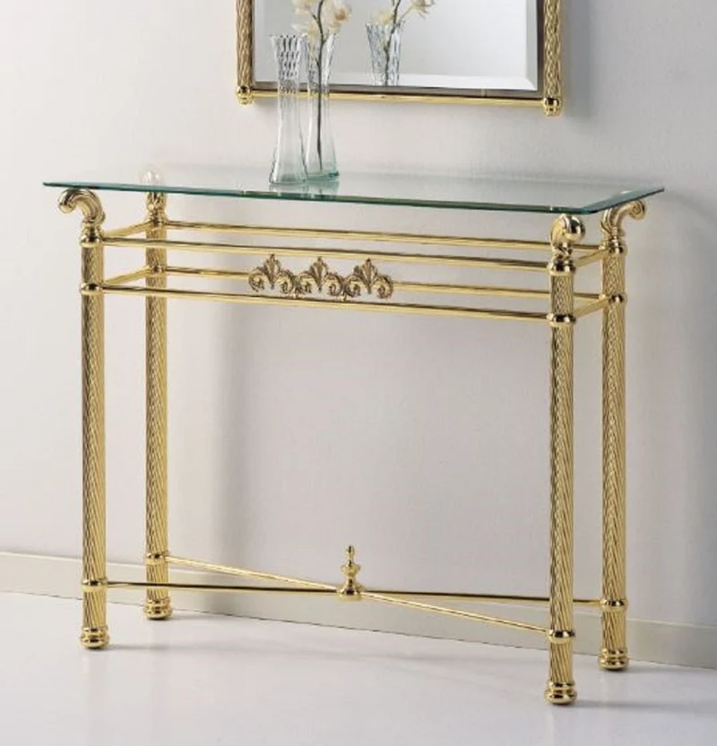 Casa Padrino Luxus Messing Konsole 103 x 36 x H. 80 cm - Rechteckiger Konsolentisch mit Glasplatte - Luxus Möbel - Hotel Möbel - Luxus Qualität - Made in Italy