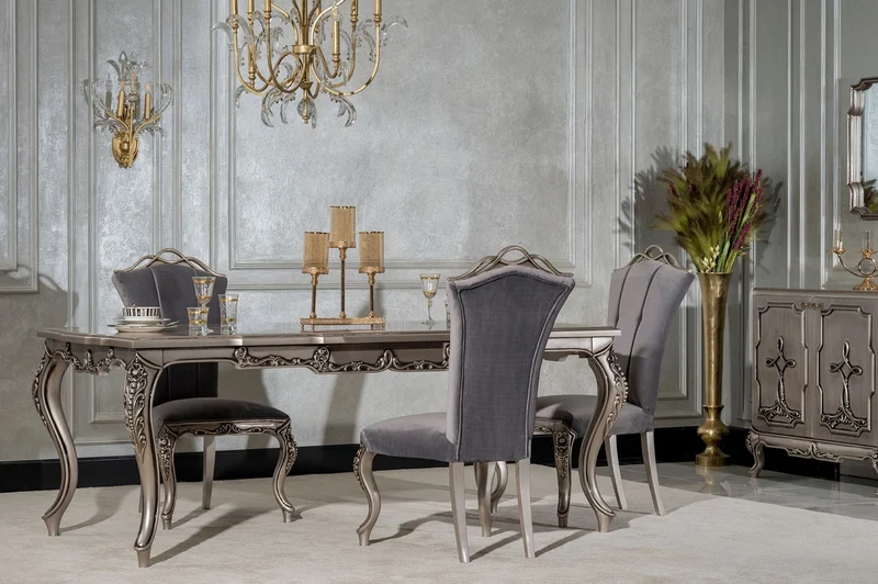 Casa Padrino Luxus Barock Esszimmer Stuhl 6er Set Grau / Silber - Prunkvolle Barockstil Küchen Stühle - Luxus Esszimmer Möbel im Barockstil - Barock Esszimmer Möbel - Barockstil Möbel