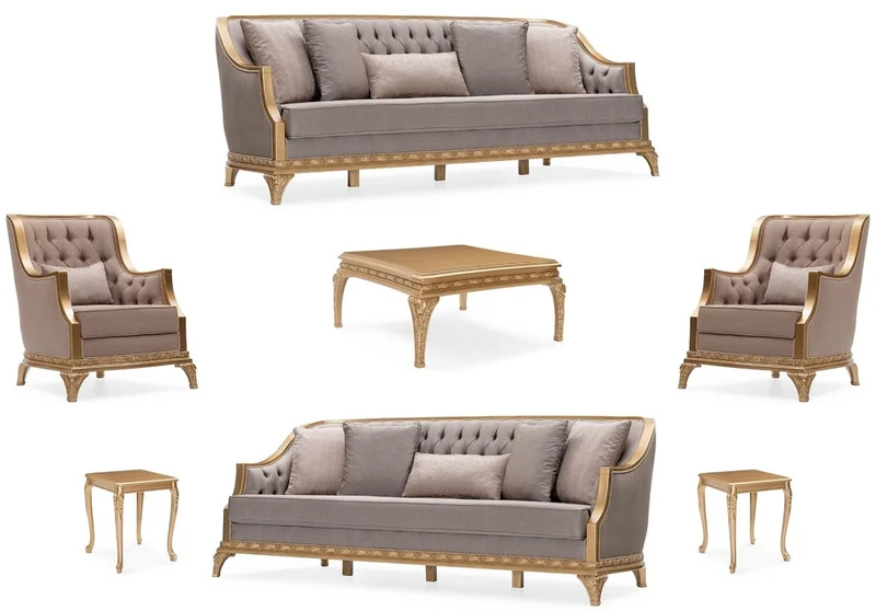 Casa Padrino Luxus Barock Wohnzimmer Set Grau / Braun / Gold - 2 Sofas & 2 Sessel & 1 Couchtisch & 2 Beistelltische - Handgefertigte Luxus Wohnzimmer Möbel im Barockstil - Edel & Prunkvoll
