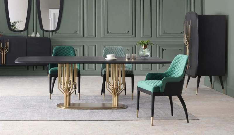 Casa Padrino Luxus Esszimmer Set Grün Muster / Schwarz / Messing - 1 Luxus Esstisch & 8 Luxus Esszimmerstühle - Esszimmer Möbel - Luxus Möbel - Luxus Kollektion