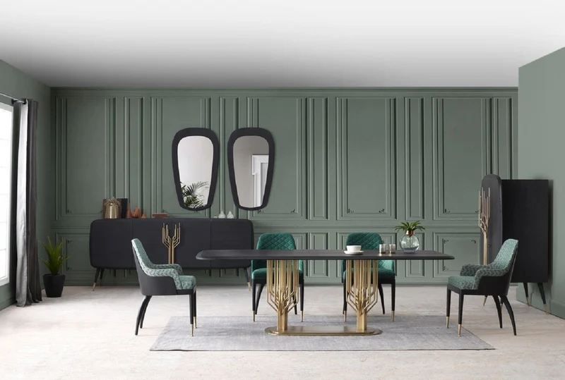 Casa Padrino Luxus Esszimmer Set Grün Muster / Schwarz / Messing - 1 Luxus Esstisch & 8 Luxus Esszimmerstühle - Esszimmer Möbel - Luxus Möbel - Luxus Kollektion