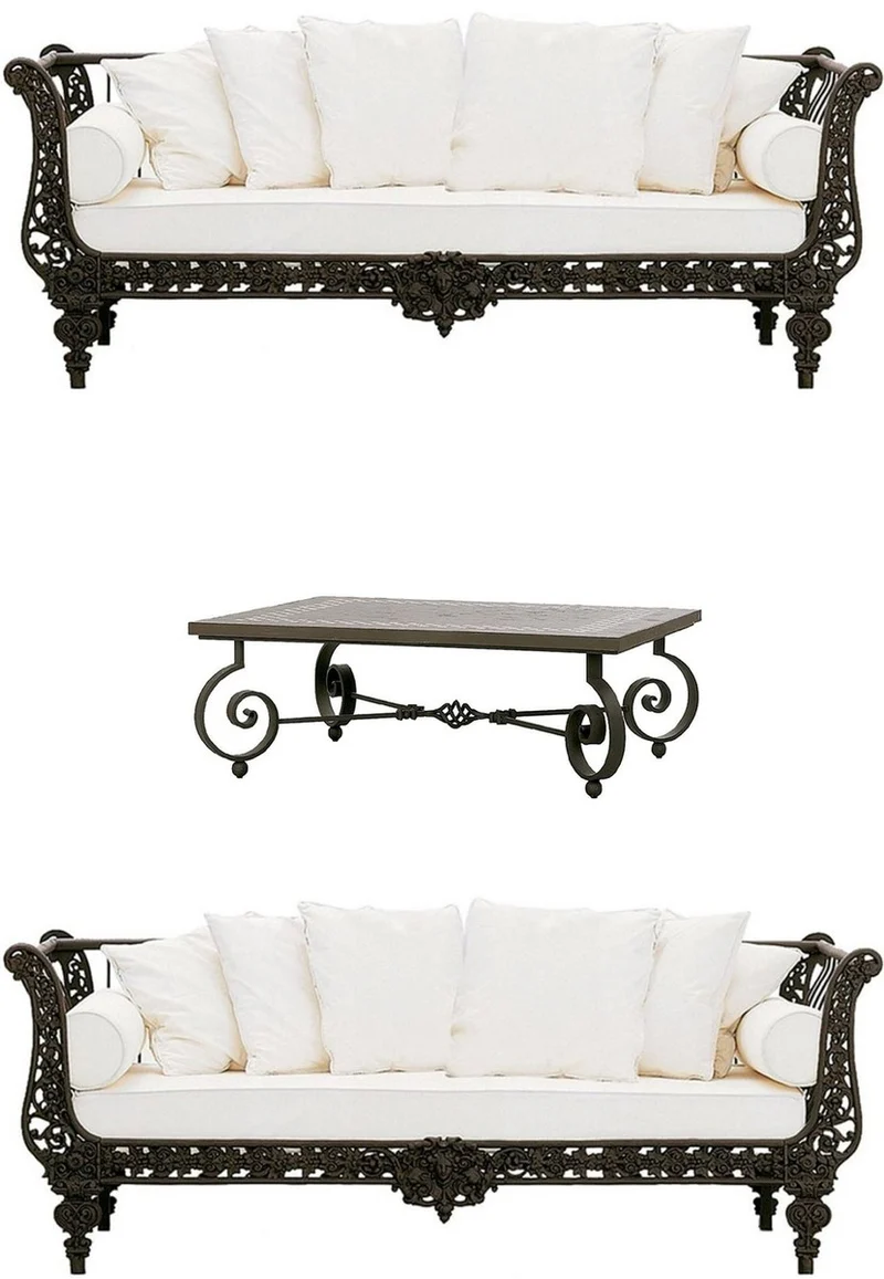 Casa Padrino Luxus Barock Schmiedeeisen Möbel Set Dunkelbraun / Weiß - 2 Luxus Sofas & 1 Luxus Couchtisch - Wohnzimmer Möbel - Garten Möbel - Hotel Möbel - Luxus Barock Möbel