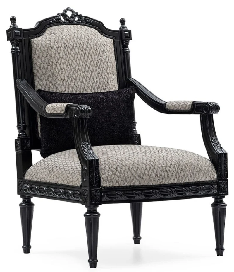 Casa Padrino Luxus Barock Wohnzimmer Sessel Silber / Schwarz - Handgefertigter Barockstil Sessel mit dekorativem Kissen - Luxus Wohnzimmer Möbel im Barockstil - Barock Möbel - Edel & Prunkvoll