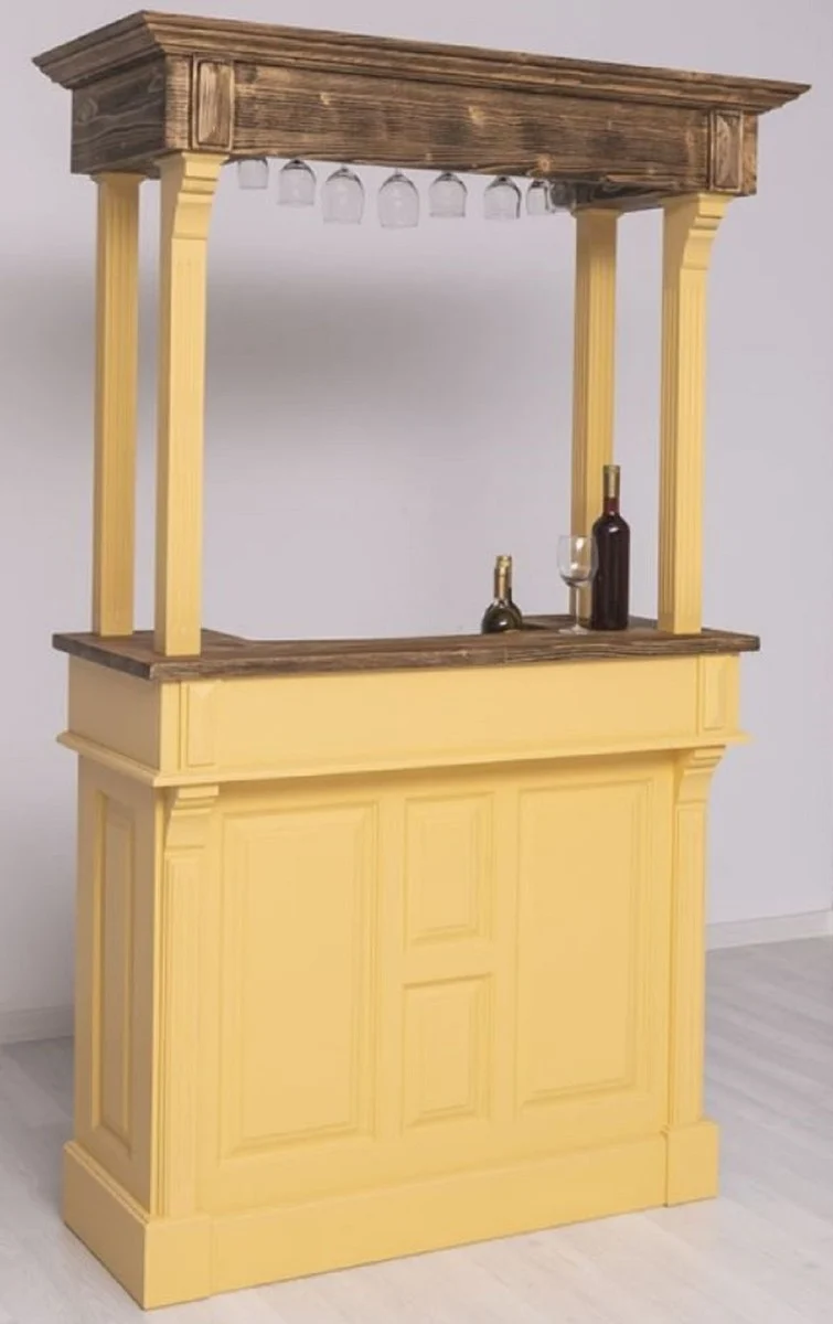 Casa Padrino Landhausstil Bar Theke Gelb / Braun 140 x 51 x H. 210 cm - Massivholz Thekentisch - Massivholz Barmöbel - Barmöbel im Landhausstil - Landhausstil Einrichtung
