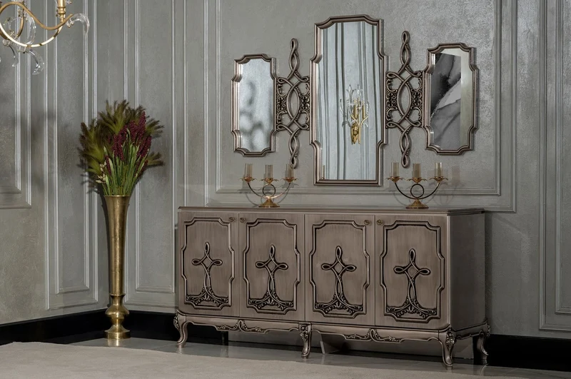 Casa Padrino Luxus Barock Sideboard Silber - Barockstil Massivholz Schrank mit 4 Türen - Luxus Esszimmer Möbel im Barockstil - Barock Esszimmer Möbel - Barock Küchen Möbel