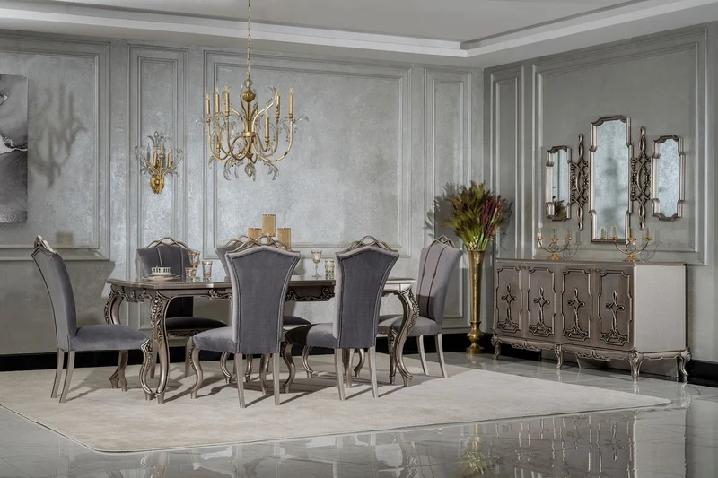 Casa Padrino Luxus Barock Sideboard Silber - Barockstil Massivholz Schrank mit 4 Türen - Luxus Esszimmer Möbel im Barockstil - Barock Esszimmer Möbel - Barock Küchen Möbel