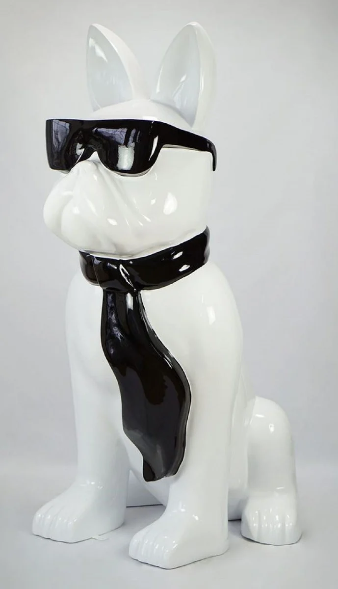 Casa Padrino Luxus XXL Deko Skulptur Hund Bulldogge mit Brille und Krawatte Weiß / Schwarz H. 196 cm - Riesige Garten Skulptur - Riesige Garten Figur - XXL Deko Skulpturen - XXL Deko Figuren