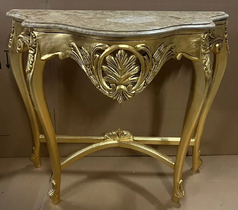 Casa Padrino Barock Konsole Gold / Grau - Handgefertigter Massivholz Konsolentisch mit Marmorplatte - Antik Stil Konsole - Antik Stil Möbel - Barock Möbel - Barock Einrichtung