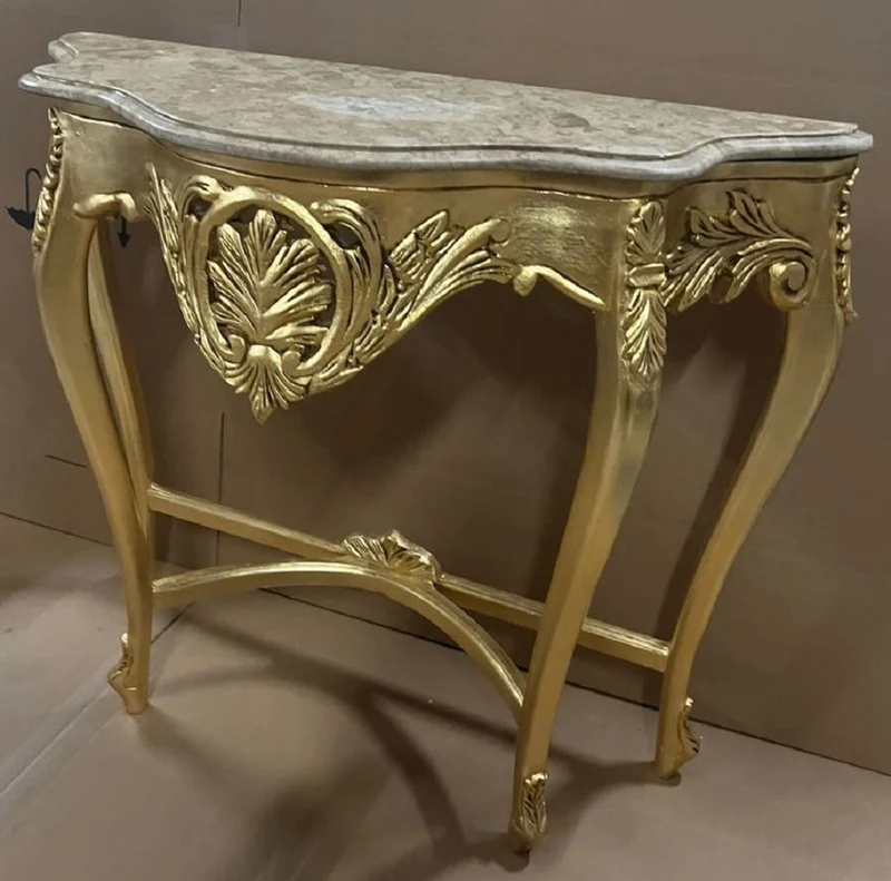 Casa Padrino Barock Konsole Gold / Grau - Handgefertigter Massivholz Konsolentisch mit Marmorplatte - Antik Stil Konsole - Antik Stil Möbel - Barock Möbel - Barock Einrichtung