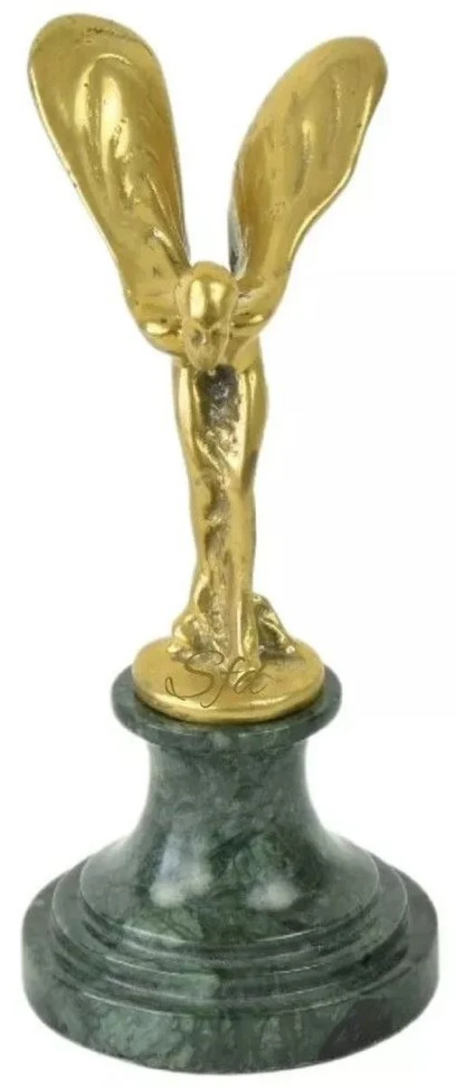 Casa Padrino Luxus Briefbeschwerer Skulptur Frau mit Flügeln Gold / Grün 7 x 8 x H. 16 cm - Elegante Bronze Figur mit Marmorsockel - Schreibtisch Deko - Luxus Deko - Deko Accessoires