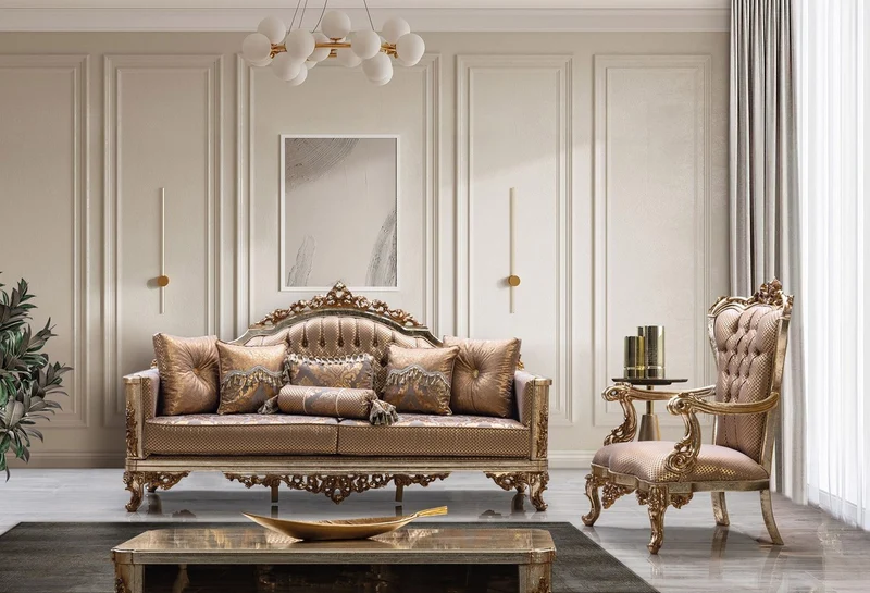 Casa Padrino Luxus Barock Wohnzimmer Set Kupfer / Antik Silber / Gold - 2 Barock Sofas & 2 Barock Sessel & 1 Barock Couchtisch - Luxus Wohnzimmer Möbel im Barockstil - Barock Möbel