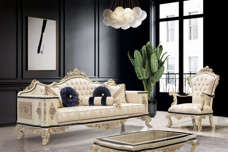 Casa Padrino Luxus Barock Wohnzimmer Set Weiß / Creme / Schwarz / Antik Gold - 2 Barock Sofas & 2 Barock Sessel & 1 Barock Couchtisch - Luxus Wohnzimmer Möbel im Barockstil - Barock Möbel