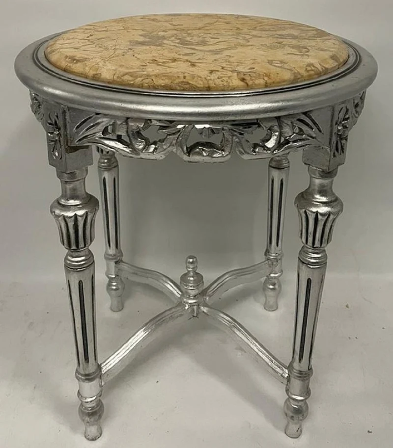 Casa Padrino Barock Beistelltisch Silber / Beige - Runder Antik Stil Massivholz Tisch mit Marmorplatte - Wohnzimmer Möbel im Barockstil - Antik Stil Möbel - Barock Möbel