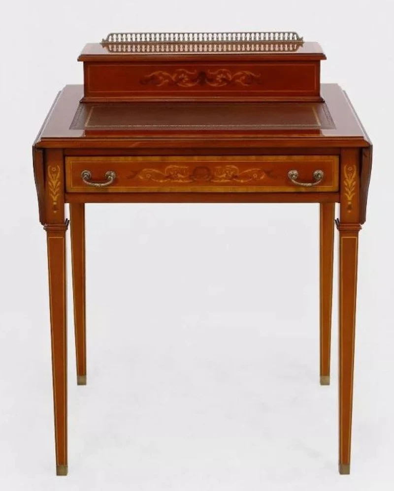 Casa Padrino Luxus Barock Schreibtisch Hellbraun / Echtleder Braun ausklappbar 104 x 49 x H. 80 cm - Massivholz Antik Stil Sekretär mit Schublade
